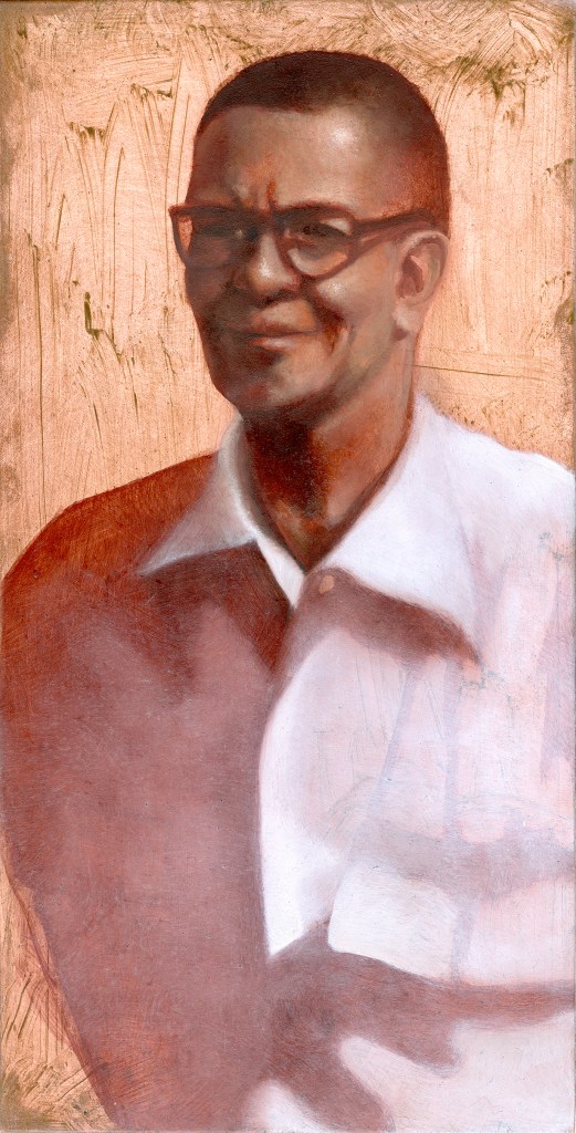 An image of the painting "Uncle Floyd" by Mary Graham from the series "Portraits Of My Ancestors." The painting depicts a smiling, middle-aged African-American man from the waist up, wearing glasses and a white button down shirt.