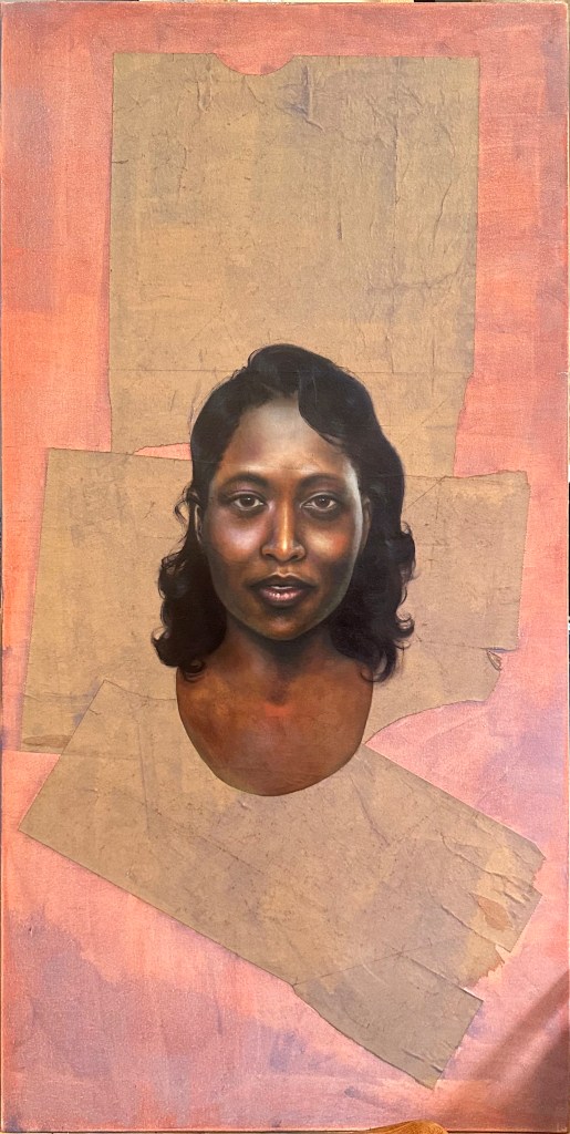 An image of the painting "Pinchback" by Mary Graham from the series "Value Test: Brown Paper." The painting depicts an African-American woman with long straightened hair painted on a brown paper bag on a pink background.