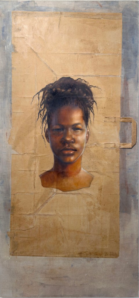 An image of the painting "Purvis" by Mary Graham from the series "Value Test: Brown Paper." The painting depicts a young African-American woman with black box-braids in a bun painted on a brown paper bag.