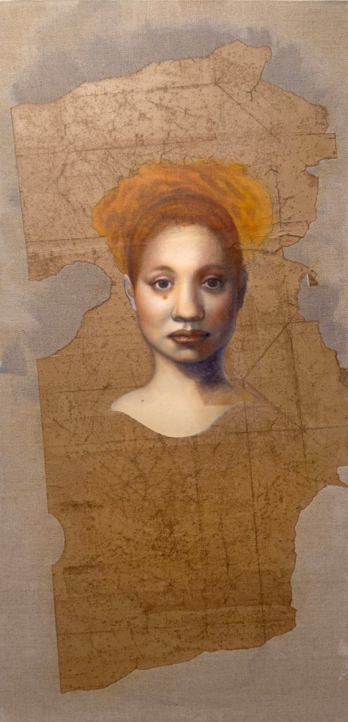 An image of the painting "Rucker" by Mary Graham from the series "Value Test: Brown Paper." The painting depicts a young light-skinned African-American woman with curly red hair in a bun painted on a brown paper bag.