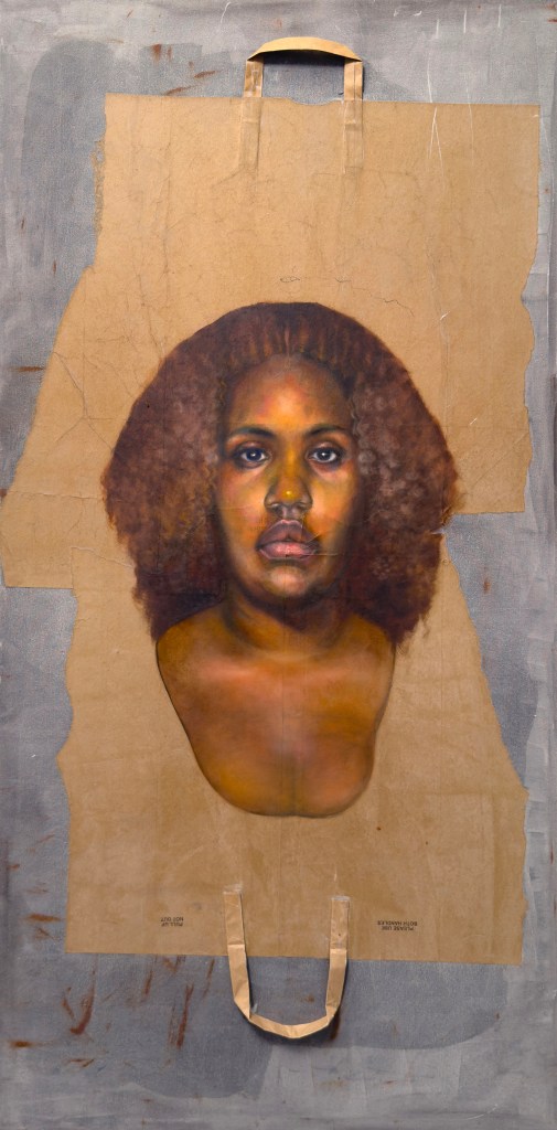 An image of the painting "Ward" by Mary Graham from the series "Value Test: Brown Paper." The painting depicts a young African-American woman with long curly brown hair painted on a brown paper bag on a grey background.
