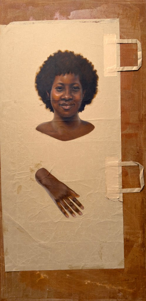 An image of the painting "Wheeler" by Mary Graham from the series "Value Test: Brown Paper." The painting depicts a young dark-skinned African-American woman with an afro and her dis-embodied hand painted on a brown paper bag.