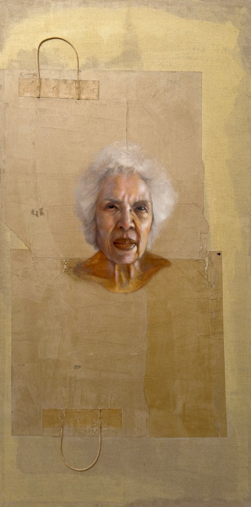 An image of the painting "Williams" by Mary Graham from the series "Value Test: Brown Paper." The Painting depicts an elderly light-skinned African-American woman painted on a brown paper bag on a yellow background.